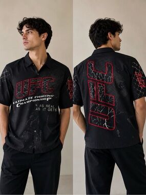 UFC Black Button-Down Shirt with Red Logo
